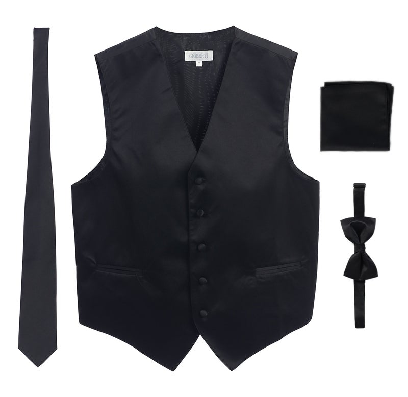 Gioberti Men's Formal 4pc Satin Vest Necktie Bowtie and Pocket Square, Black, X Large - Image 1